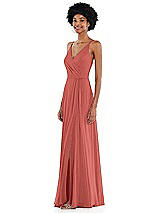 Side View Thumbnail - Coral Pink Faux Wrap Criss Cross Back Maxi Dress with Adjustable Straps