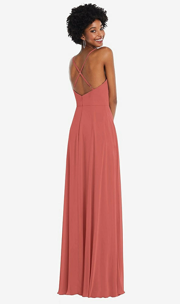 Back View - Coral Pink Faux Wrap Criss Cross Back Maxi Dress with Adjustable Straps