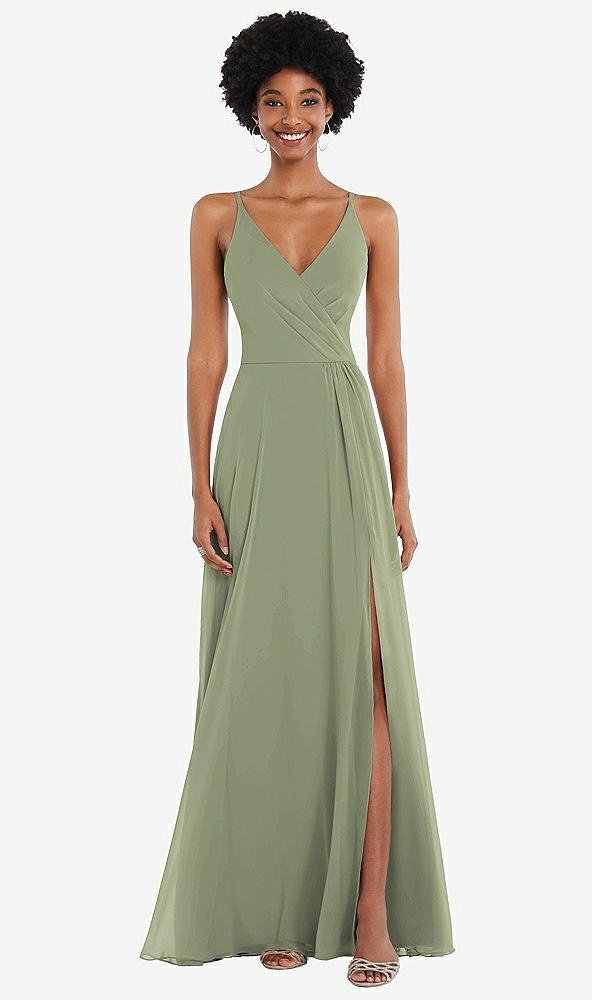 Front View - Sage Faux Wrap Criss Cross Back Maxi Dress with Adjustable Straps