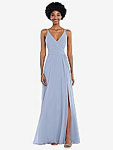 Front View Thumbnail - Sky Blue Faux Wrap Criss Cross Back Maxi Dress with Adjustable Straps