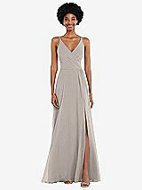 Front View Thumbnail - Taupe Faux Wrap Criss Cross Back Maxi Dress with Adjustable Straps