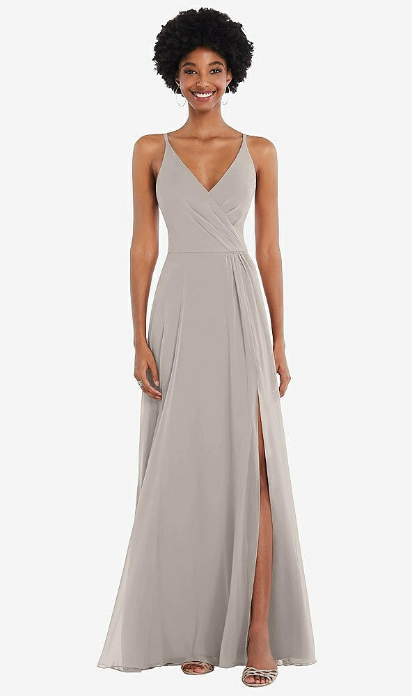 Front View - Taupe Faux Wrap Criss Cross Back Maxi Dress with Adjustable Straps