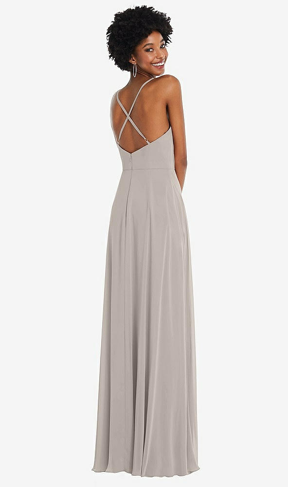 Back View - Taupe Faux Wrap Criss Cross Back Maxi Dress with Adjustable Straps