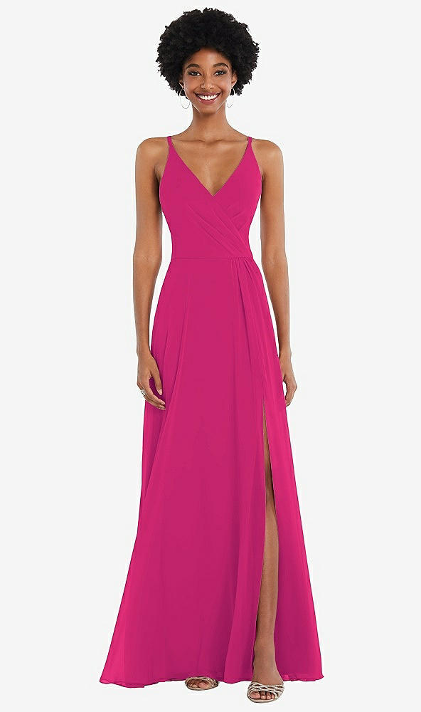 Front View - Think Pink Faux Wrap Criss Cross Back Maxi Dress with Adjustable Straps