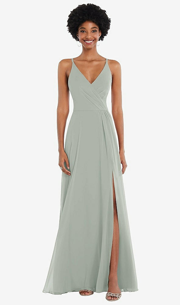 Front View - Willow Green Faux Wrap Criss Cross Back Maxi Dress with Adjustable Straps