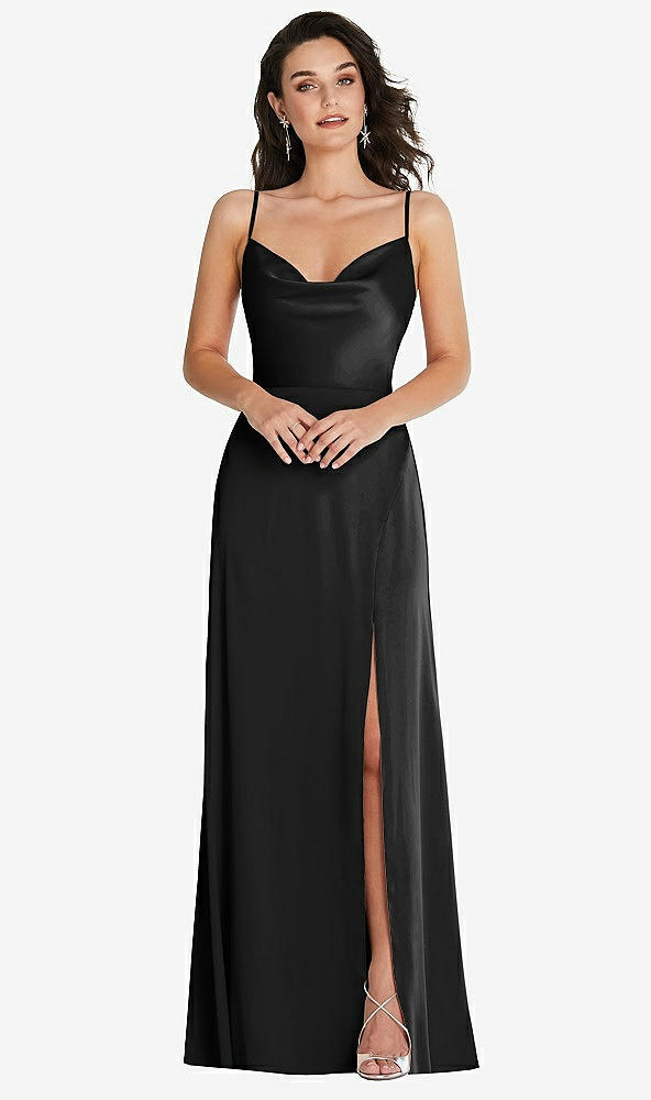 Front View - Black Cowl-Neck A-Line Maxi Dress with Adjustable Straps