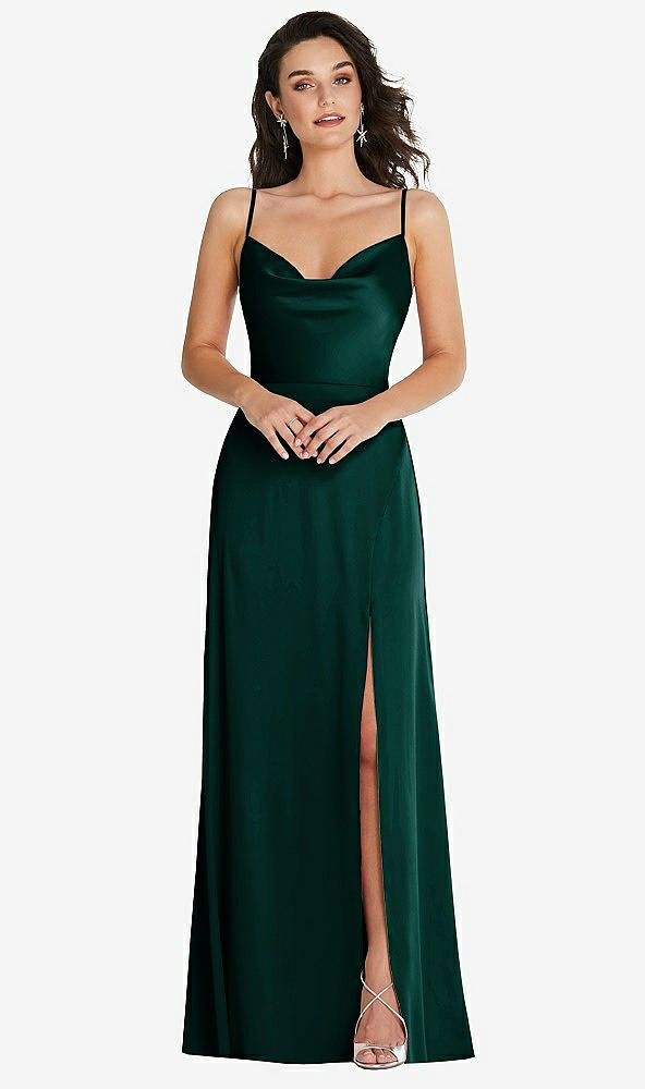 Front View - Evergreen Cowl-Neck A-Line Maxi Dress with Adjustable Straps