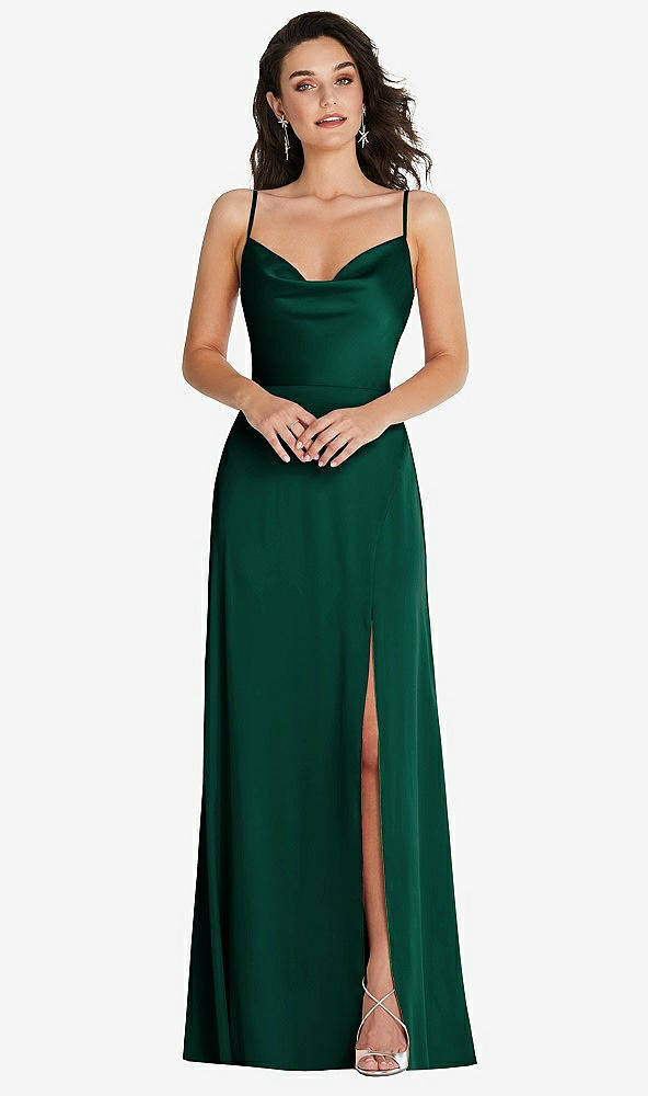Front View - Hunter Green Cowl-Neck A-Line Maxi Dress with Adjustable Straps