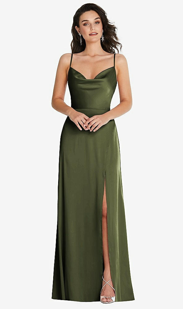 Front View - Olive Green Cowl-Neck A-Line Maxi Dress with Adjustable Straps