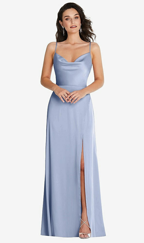 Front View - Sky Blue Cowl-Neck A-Line Maxi Dress with Adjustable Straps