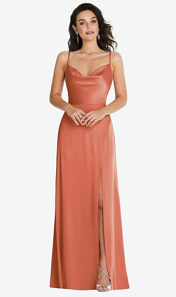 Front View - Terracotta Copper Cowl-Neck A-Line Maxi Dress with Adjustable Straps
