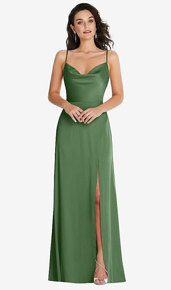 Front View - Vineyard Green Cowl-Neck A-Line Maxi Dress with Adjustable Straps