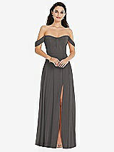Front View Thumbnail - Caviar Gray Off-the-Shoulder Draped Sleeve Maxi Dress with Front Slit