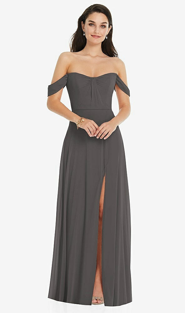 Front View - Caviar Gray Off-the-Shoulder Draped Sleeve Maxi Dress with Front Slit