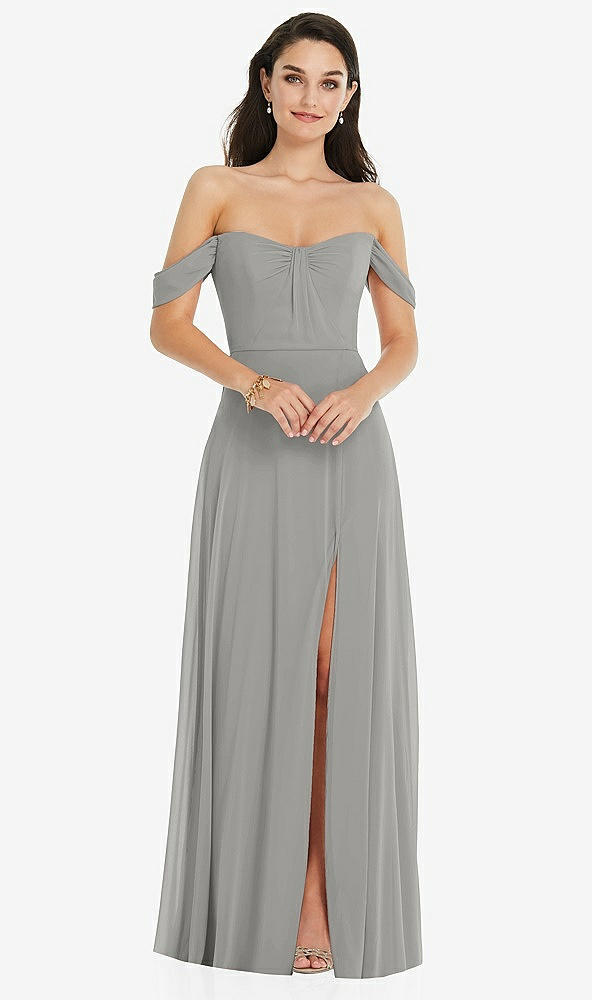 Front View - Chelsea Gray Off-the-Shoulder Draped Sleeve Maxi Dress with Front Slit