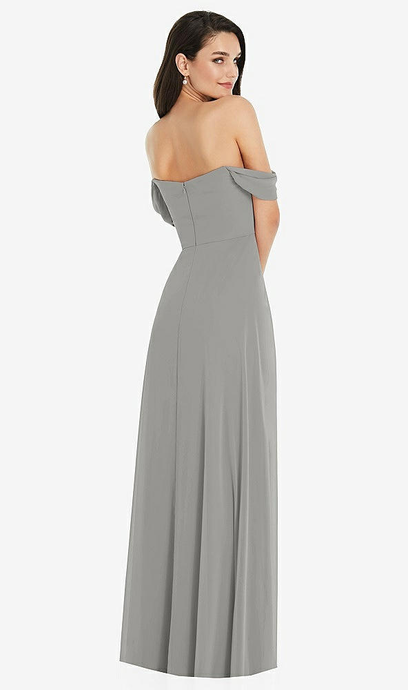 Back View - Chelsea Gray Off-the-Shoulder Draped Sleeve Maxi Dress with Front Slit