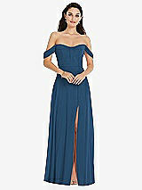 Front View Thumbnail - Dusk Blue Off-the-Shoulder Draped Sleeve Maxi Dress with Front Slit