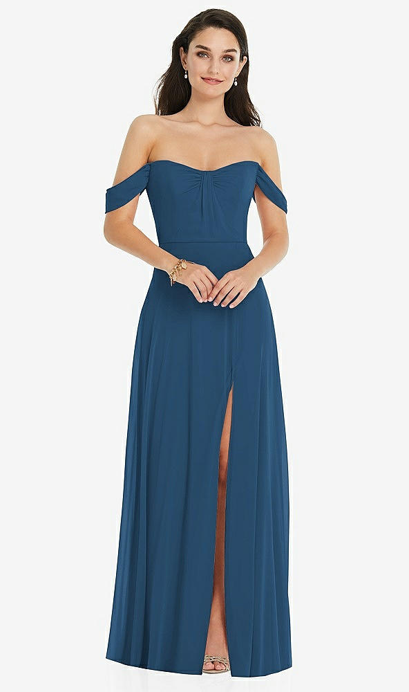 Front View - Dusk Blue Off-the-Shoulder Draped Sleeve Maxi Dress with Front Slit