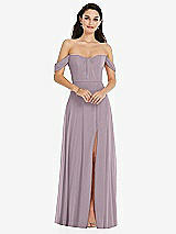 Front View Thumbnail - Lilac Dusk Off-the-Shoulder Draped Sleeve Maxi Dress with Front Slit