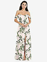 Front View Thumbnail - Palm Beach Print Off-the-Shoulder Draped Sleeve Maxi Dress with Front Slit