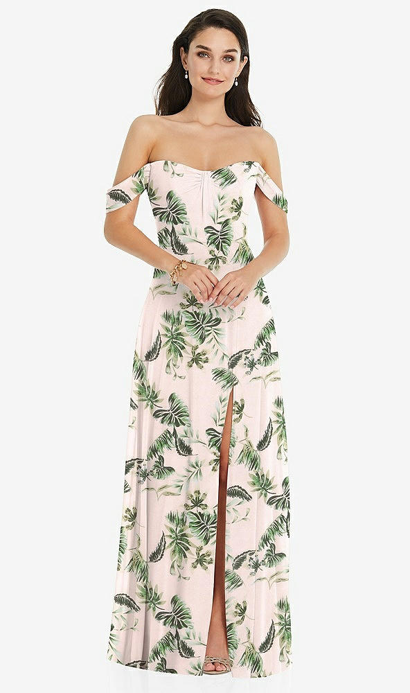 Front View - Palm Beach Print Off-the-Shoulder Draped Sleeve Maxi Dress with Front Slit