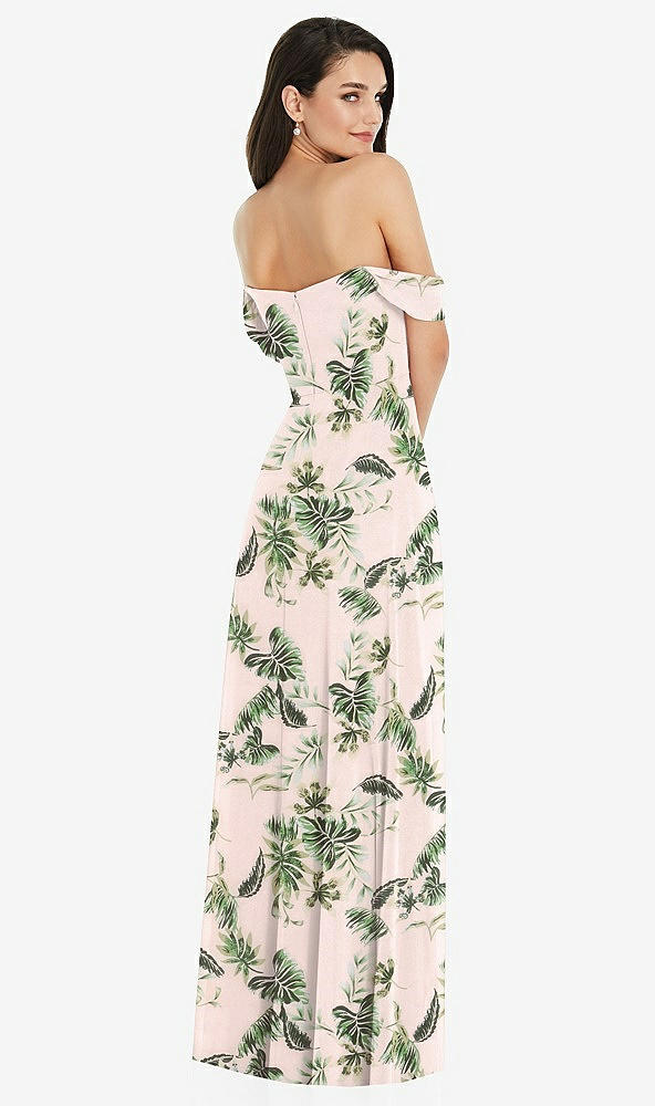 Back View - Palm Beach Print Off-the-Shoulder Draped Sleeve Maxi Dress with Front Slit