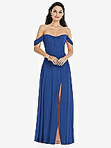 Front View Thumbnail - Classic Blue Off-the-Shoulder Draped Sleeve Maxi Dress with Front Slit