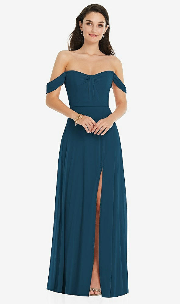 Front View - Atlantic Blue Off-the-Shoulder Draped Sleeve Maxi Dress with Front Slit