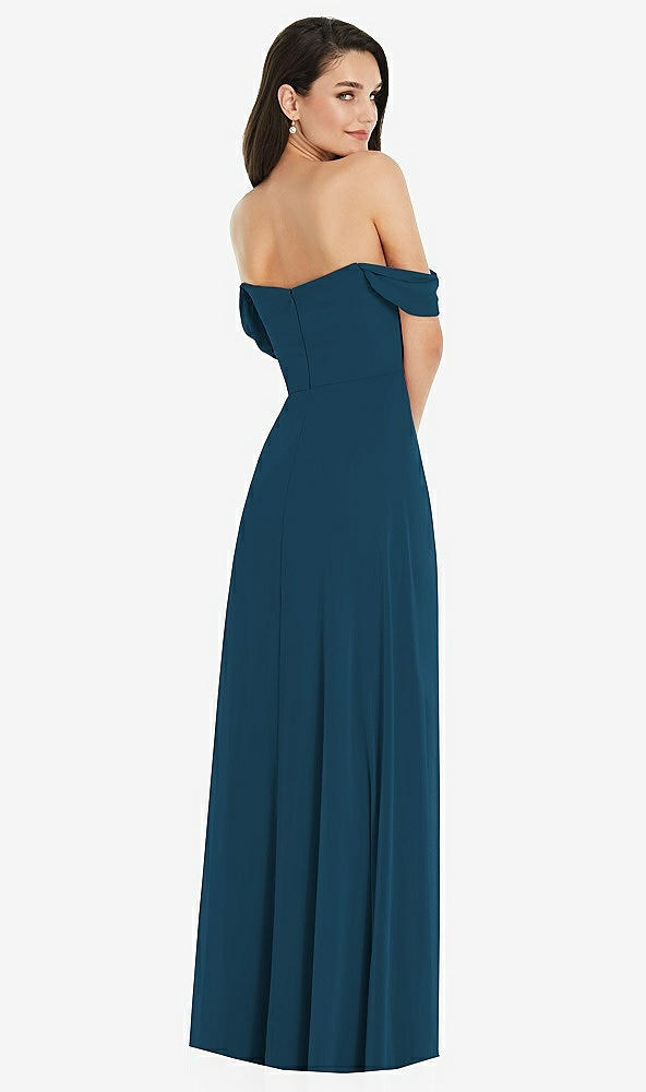 Back View - Atlantic Blue Off-the-Shoulder Draped Sleeve Maxi Dress with Front Slit