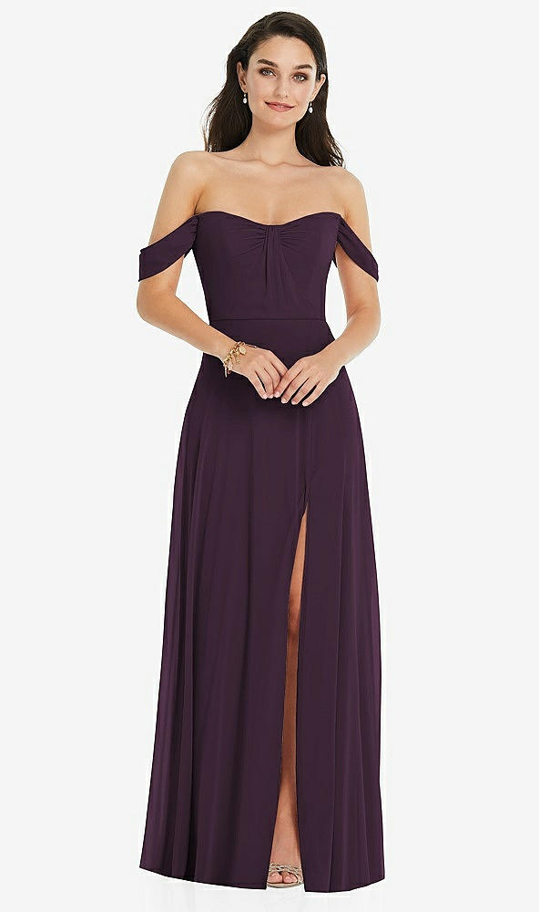 Front View - Aubergine Off-the-Shoulder Draped Sleeve Maxi Dress with Front Slit