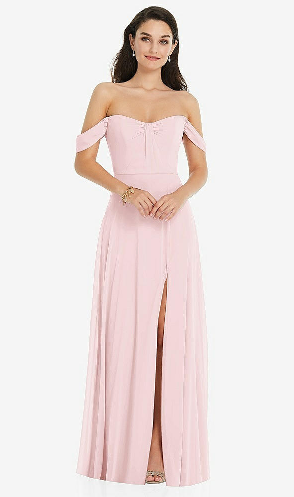 Front View - Ballet Pink Off-the-Shoulder Draped Sleeve Maxi Dress with Front Slit