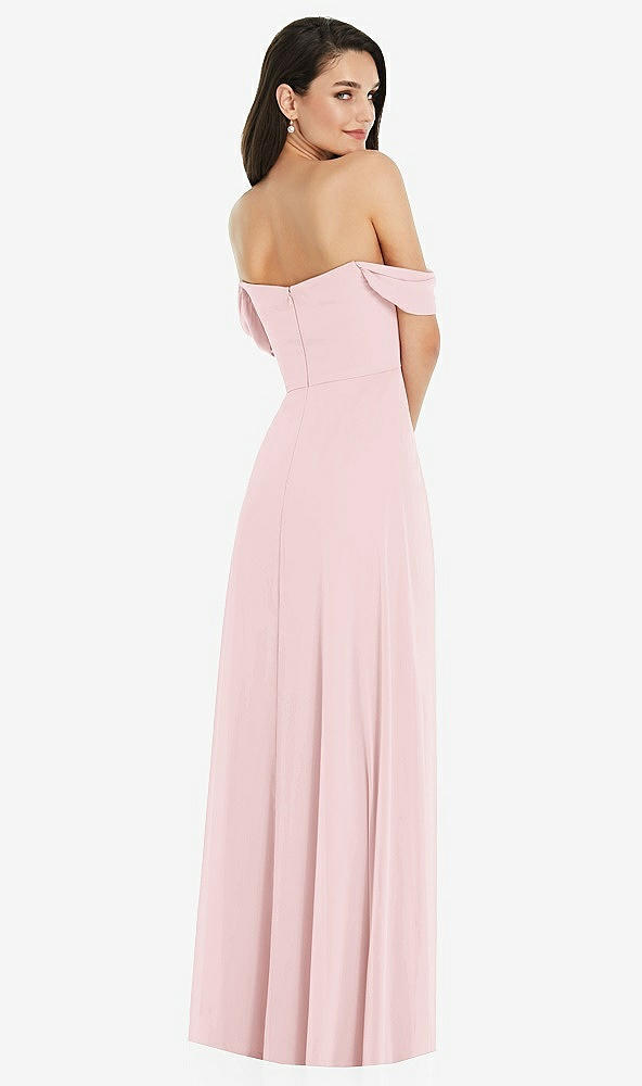 Back View - Ballet Pink Off-the-Shoulder Draped Sleeve Maxi Dress with Front Slit