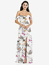 Front View Thumbnail - Butterfly Botanica Ivory Off-the-Shoulder Draped Sleeve Maxi Dress with Front Slit