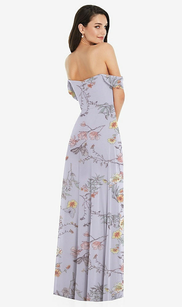 Back View - Butterfly Botanica Silver Dove Off-the-Shoulder Draped Sleeve Maxi Dress with Front Slit