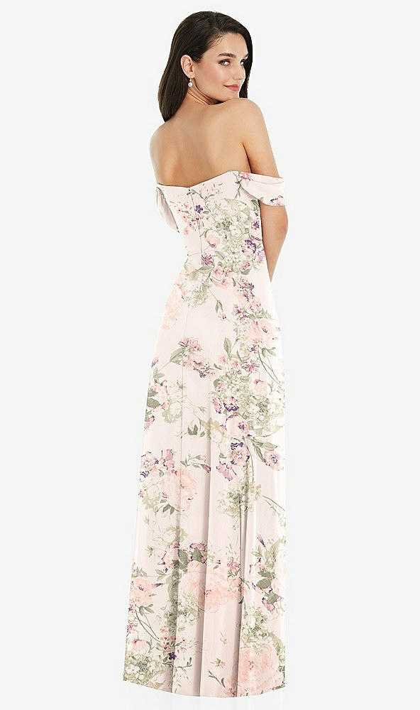 Back View - Blush Garden Off-the-Shoulder Draped Sleeve Maxi Dress with Front Slit