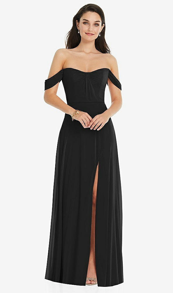 Front View - Black Off-the-Shoulder Draped Sleeve Maxi Dress with Front Slit