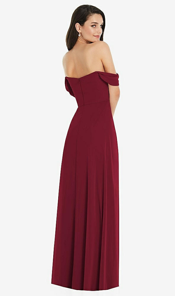 Back View - Burgundy Off-the-Shoulder Draped Sleeve Maxi Dress with Front Slit