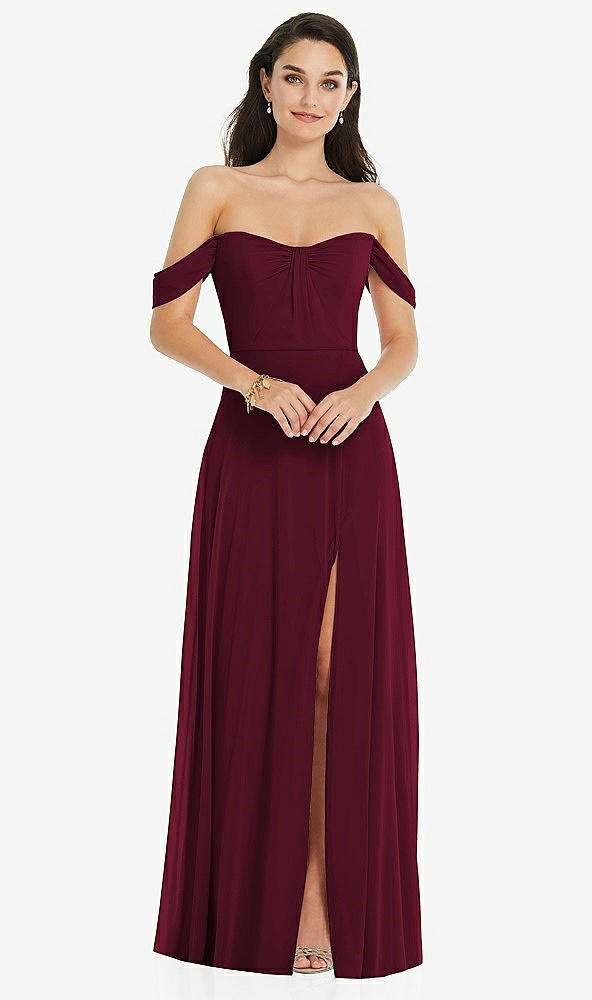 Front View - Cabernet Off-the-Shoulder Draped Sleeve Maxi Dress with Front Slit