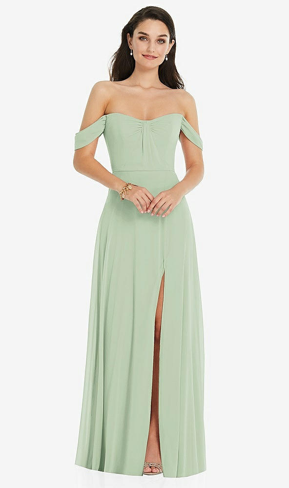 Front View - Celadon Off-the-Shoulder Draped Sleeve Maxi Dress with Front Slit