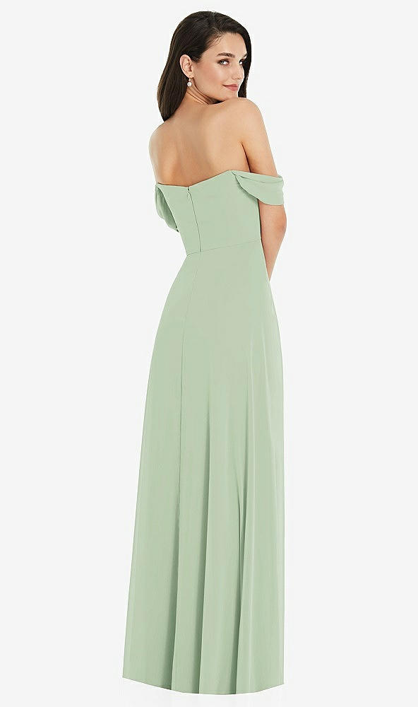 Back View - Celadon Off-the-Shoulder Draped Sleeve Maxi Dress with Front Slit