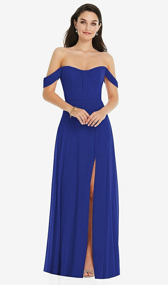 Front View - Cobalt Blue Off-the-Shoulder Draped Sleeve Maxi Dress with Front Slit