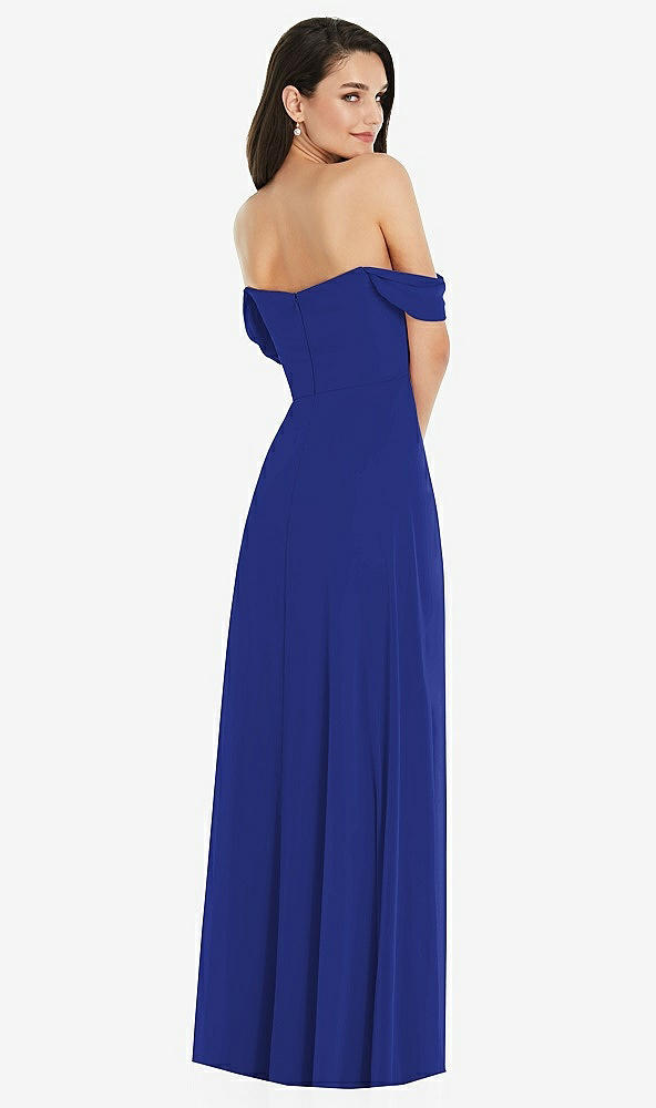 Back View - Cobalt Blue Off-the-Shoulder Draped Sleeve Maxi Dress with Front Slit