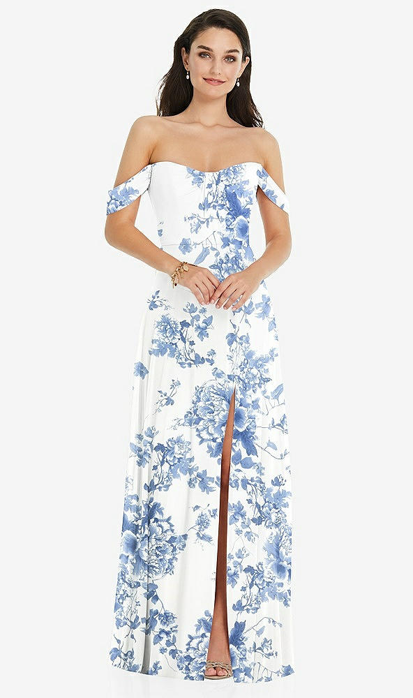 Front View - Cottage Rose Dusk Blue Off-the-Shoulder Draped Sleeve Maxi Dress with Front Slit