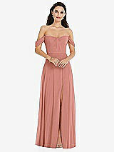 Front View Thumbnail - Desert Rose Off-the-Shoulder Draped Sleeve Maxi Dress with Front Slit