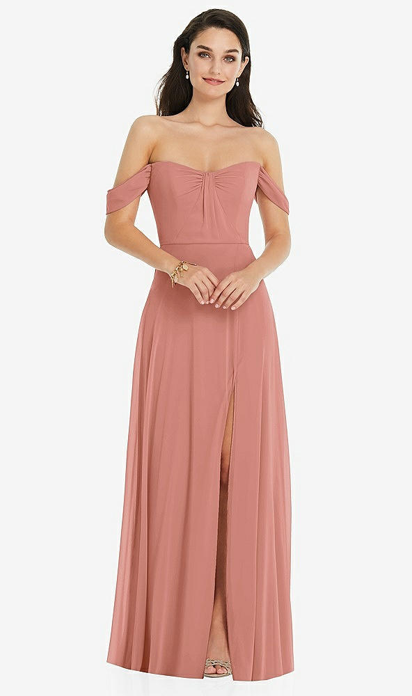 Front View - Desert Rose Off-the-Shoulder Draped Sleeve Maxi Dress with Front Slit