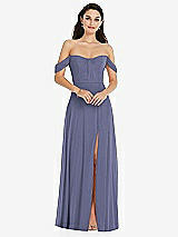 Front View Thumbnail - French Blue Off-the-Shoulder Draped Sleeve Maxi Dress with Front Slit
