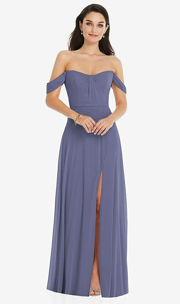 Front View - French Blue Off-the-Shoulder Draped Sleeve Maxi Dress with Front Slit