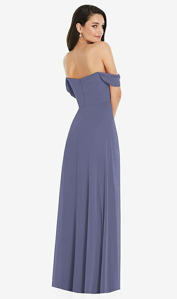 Back View - French Blue Off-the-Shoulder Draped Sleeve Maxi Dress with Front Slit