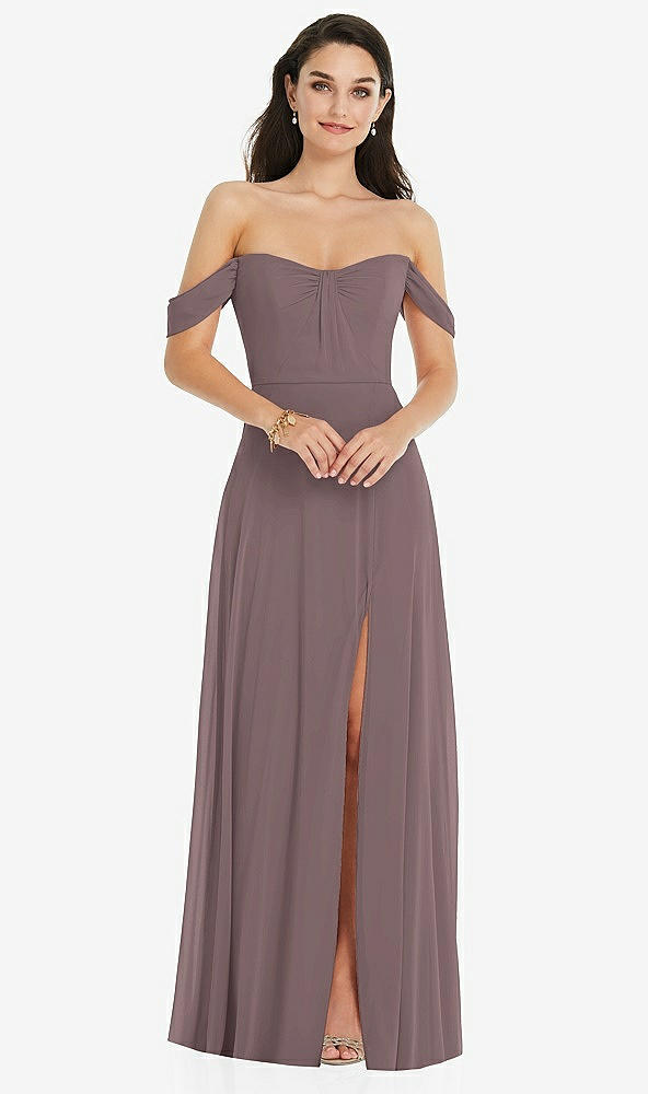 Front View - French Truffle Off-the-Shoulder Draped Sleeve Maxi Dress with Front Slit