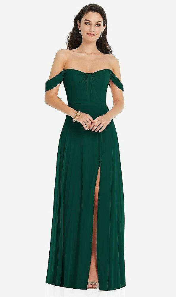 Front View - Hunter Green Off-the-Shoulder Draped Sleeve Maxi Dress with Front Slit